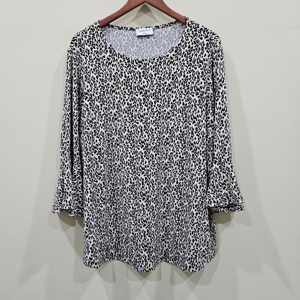 Carmen Marc Valvo Womens Leopard Print Top Plus Size Bell Sleeves Artsy Office